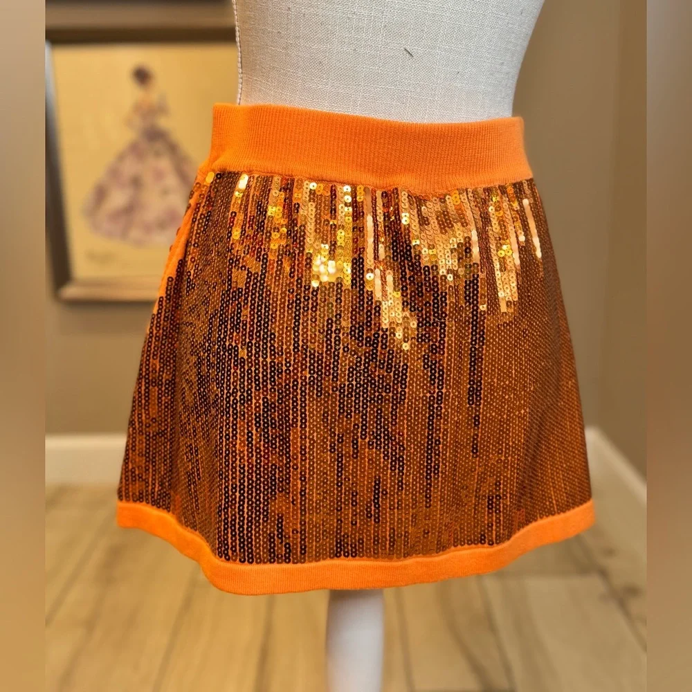 New! QUEEN OF SPARKLES Orange Full Sequin Mini Skirt